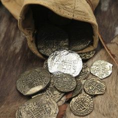 a pile of old coins sitting on top of a fur covered floor next to a hat