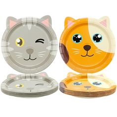 two paper plates with cats faces on them