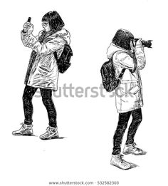 two young women are taking pictures with their cell phones, one is holding a camera and the other has a backpack