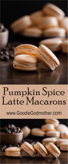 pumpkin spice latte macarons with text overlay that reads, pumpkin spice latte macaroons