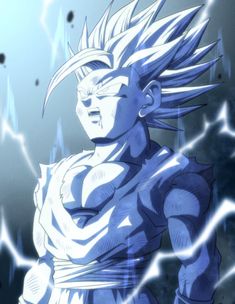 the blue gohan from dragon ball is standing in front of an electric discharge background