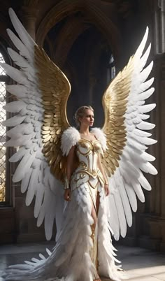 a woman dressed in white and gold with wings