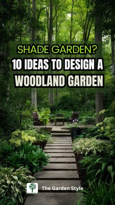 a wooden walkway surrounded by green plants and trees with the words shade garden? 10 ideas to design a woodland garden