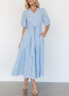 Indulge in elegance with our Elegant Light Blue V Neck Cotton Long Dress. This summer essential boasts both style and functionality, featuring a flattering V neck and convenient pockets. Crafted from premium cotton, it offers comfort and breathability... Modest Light Blue Summer Dress, Light Blue Dress Modest, Blue Dress Modest, Baby Blue Summer Dress, Blue Cottagecore Dress, Party Outfit Themes, Casual Blue Dress, Ice Blue Dress, Light Blue Midi Dress