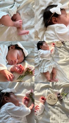 two babies are sleeping on a bed with flowers