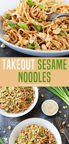 two plates filled with noodles and vegetables on top of a black table next to green onions