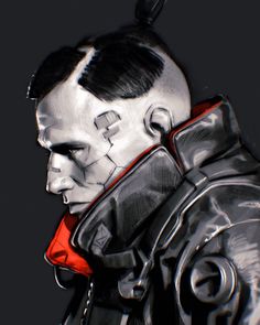 a drawing of a man in black and white with red accents on his face, looking to the side