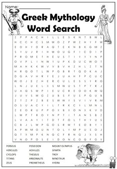 the greek mythology word search is shown in this printable worksheet for kids