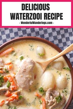 a bowl filled with meat and dumplings next to a wooden spoon