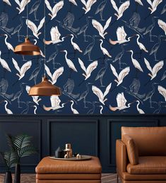 Vibrant Crane Silhouette Navy Wallpaper Crane Wallpaper Bathroom, Egret Wallpaper, Crane Mural, Wallpaper Ethereal, Wetland Landscape, Coastal Chinoiserie, Crane Wallpaper, Asian Wallpaper, Timeless Interior Design