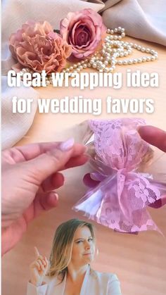 a woman is holding a pink flower in her hand with the words great wrapping idea for wedding favors