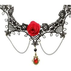 Put an elegant touch to your Da De Los Muertos, Victorian, or Gothic outfit with this fashionable black lace choker necklace. It is fitted with a red gem dangle, black chain accents, and a red rose centerpiece. It also comes with an adjustable clasp for that perfect fit. Size: One Size.  Gender: female.  Age Group: adult. Red Roses Centerpieces, Black Lace Choker Necklace, Gothic Choker Necklace, Rose Choker, Black Lace Choker, Lace Choker Necklace, Pinterest Life, Flower Choker Necklace, Gothic Chokers