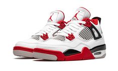 The Air Jordan 4 GS “Fire Red 2020” is the youth sizing of an original colorway of Michael Jordan’s fourth signature model.  The “Fire Red” was released in November 2020 and, for the first time since the design’s original release in 1989, features the iconic “Nike Air” branding on the heel.  The rest of the shoe is also as close to the original as possible, which includes a return to the “OG” shape and color scheme.  A variety of smooth white leather can be found on the toe, collar, and heel.  J Air Jordan 4 Fire Red, Jordan 4 Retro Fire Red, Jordan 4 Fire Red, Jordan 4 Red, Air Jordan Retro 4, Jordan Retro 4, White Jordans, Retro 4, Air Jordan Retro