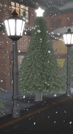 there is a christmas tree on the street in front of some lights and snow flakes