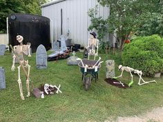 a yard full of fake skeletons and tombstones