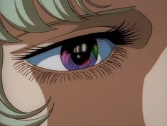 a close up of an anime eye with long blonde hair and blue - green eyes