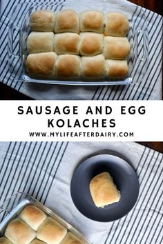 sausage and egg kolaches in a glass baking dish on a striped towel next to a loaf of bread