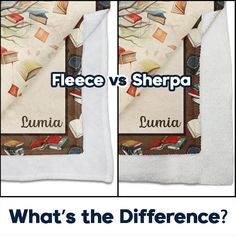 two blankets with the words fleece vs sherpa and dummia on them