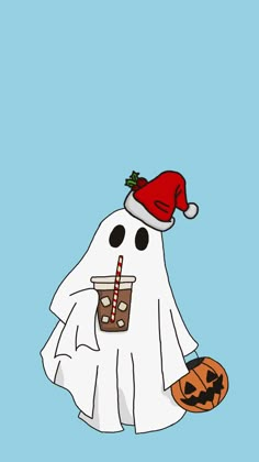 a ghost with a drink and a pumpkin in it's hand, wearing a santa hat