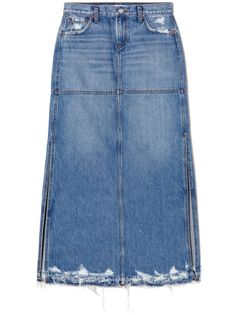 blue cotton washed denim whiskering effect distressed finish concealed fly and button fastening belt loops classic five pockets side slit mid-rise long length frayed hem Wardrobe Edit, City Dress, Straight Skirt, Washed Denim, Boots Fall, Summer Beach Wear, Exclusive Fashion, Long Length