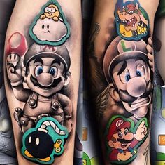 two leg tattoos with mario and luigi characters on them