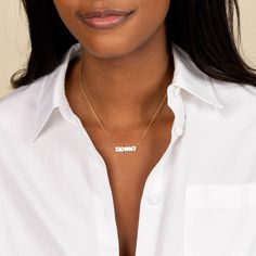 Flaunt the carefree side of your personal style with Adina's Flat Bubble Name Necklace, featuring a flattened, bubble-font nameplate that dangles from a slim chain. Customize this beauty with the word or name of your choosing. It makes quite the statement on its own but really brings on the "wow" factor when you wear it with another personalized necklace and a couple of chokers. Product Details Made from Sterling Silver Gold Plated Nameplate Size: 6 MM X 22 MM Length: 17"+ 2" This Product Requir Bubble Font, Jewelry Elegant, Personalized Necklace, Wow Products, Gold Plated Jewelry, Name Plate, Name Necklace, Gold Plated Sterling Silver, Personalized Jewelry