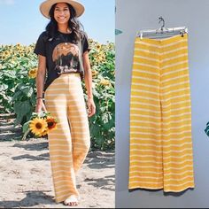 Amazing Crochet Style Cotton Blend Wide Leg Trousers/Pants In Yellow Striped Pattern With Elastic Waistband. Perfect For Beach Vacation, Cover-Up Pants For Swim Suite, Or Everyday Summer Pants. 51% Polyester - 49% Cotton Fitted Knit Pants For Spring, Chic Elastic Bottoms For Summer, Chic Elastic Summer Bottoms, Spring Fitted Knit Pants, Knit Bottoms For Summer Vacation, Summer Vacation Knit Bottoms, Fitted Knit Bottoms For Spring, Versatile Elastic Summer Bottoms, Versatile Elastic Bottoms For Summer