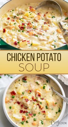 Chicken Potato Soup with chunks of chicken, potato, and bacon Chicken Potato Soup, Comfort Soup Recipes, Chicken Potato, Comfort Soup, Potato Soup Recipe, Soup Dinner, Chicken Soup Recipes