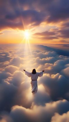 jesus in the clouds with his arms wide open and hands out to the sun above