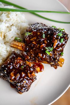 two pieces of meat with sauce on top of rice and scallions sitting on a white plate