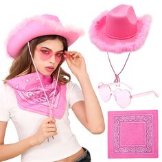 PRICES MAY VARY. Package Includes: 1 pcs pink western cowgirl hats, 1 pcs pink sunglasses, 1 pcs pink bandana. Our cowgirl hats women has an inside size of 8x7 inches, and it has an adjustable cord to fit different head shapes. Our cowgirl hat paired with veil will make your cowgirl even more gorgeous! the cowboy hats for women is made of high quality felt material, the thick feathers wrapped around the hat are carefully selected by us. This cowboy hat can be used as bachelorette party, country Pink Adjustable Mini Hat For Costume Party, Western Pink Costume Hats And Headpieces For Festival, Pink Fun Costume Hats For Carnival, Fun Pink Costume Hats And Headpieces For Summer, Pink Summer Costume Hats And Headpieces, Pink Adjustable Costume Accessories For Costume Party, Adjustable Pink Costume Accessories For Costume Party, Fun Pink Adjustable Costume Accessories, Fun Pink Summer Party Supplies