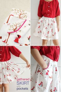 four pictures of different types of clothing and the words gathered skirt with pockets on them