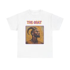 a white t - shirt with an image of the goat on it