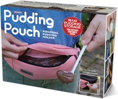 the pudding pouch is being held by a person with a pink belt around their waist