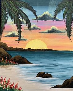 a painting of palm trees and the ocean at sunset with clouds in the sky above