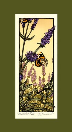 a painting of a bee sitting on top of purple flowers