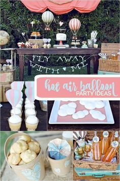 an outdoor party with hot air balloons and desserts