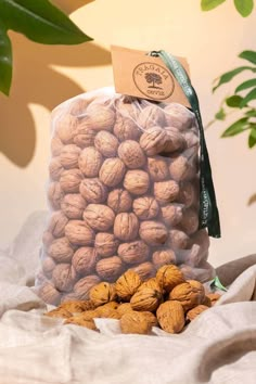 a bag filled with nuts sitting on top of a table