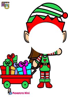 a cartoon christmas elf pushing a wagon full of gifts