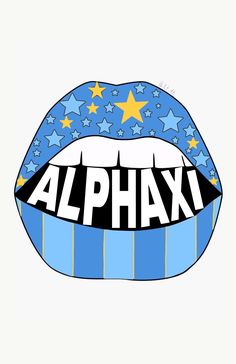 a blue and white lip with the word alphax on it's tongue