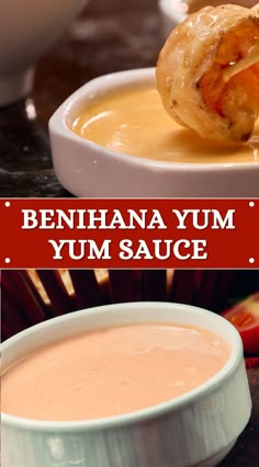 there is a bowl of soup and a plate with food on it that says, benihana yum yum sauce