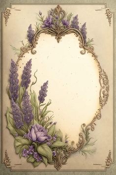 an ornate frame with purple flowers and leaves on the edges is painted in pastel colors