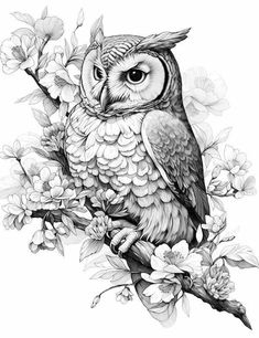 an owl sitting on top of a tree branch with flowers in its beak and eyes open