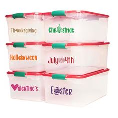 six plastic storage containers with lids on each one and the words christmas written on them