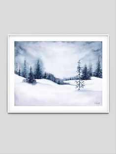 a watercolor painting of snow covered trees in the distance, with clouds above it