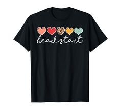 a black t - shirt that says head start with hearts and leopard print on the chest