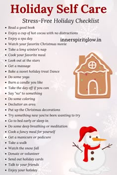 a holiday self care checklist with a snowman and a gingerbread house on it