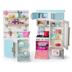 a doll house with two open refrigerators and shelves filled with toys, including a kitchen