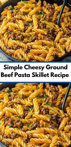 two images showing the steps to make an easy ground beef pasta skillet recipe