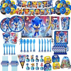 sonic the hedgehog birthday party supplies kit for 16 guests including balloons, plates, napkins and decorations